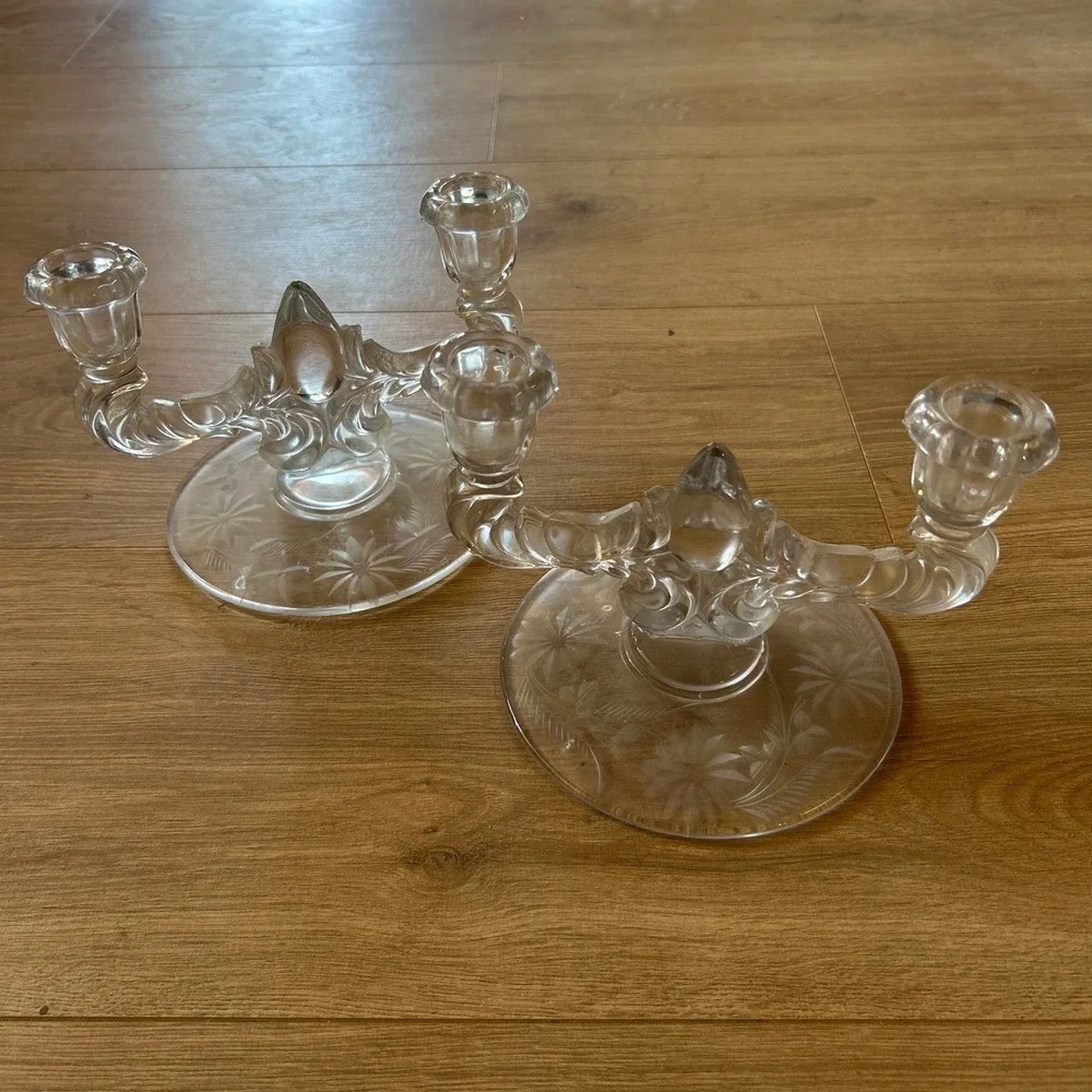 Vintage Etched Glass Candelabra Pair Double Arm Floral Base Candle Holders
